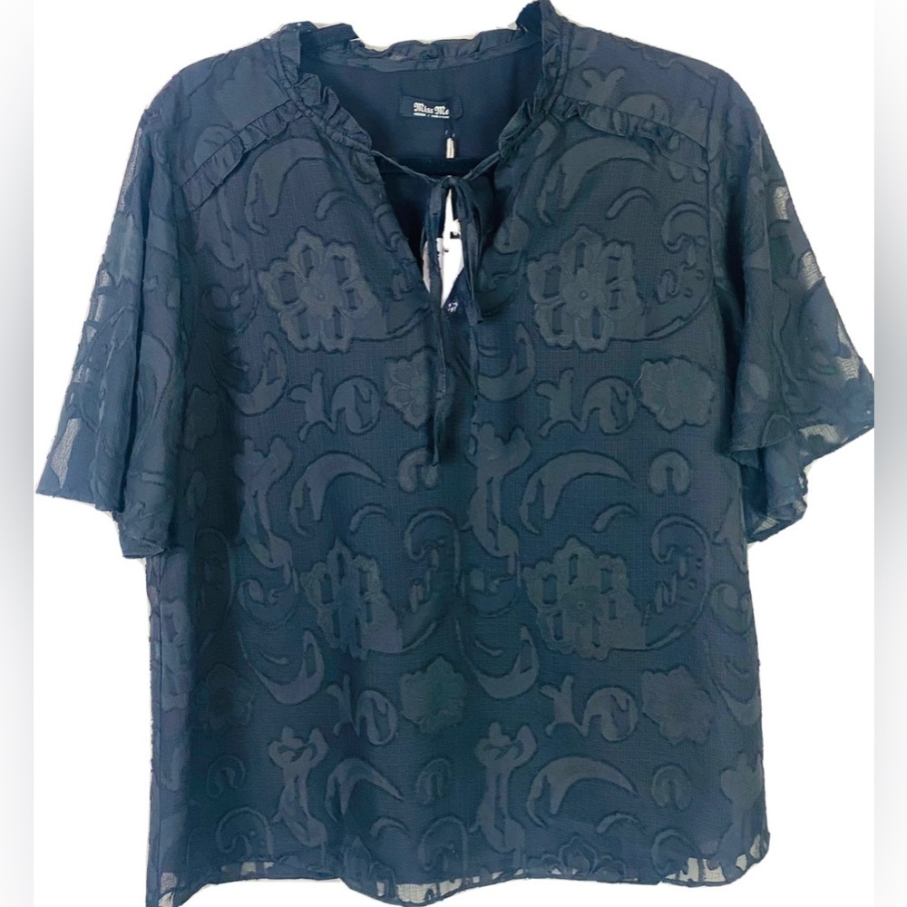 Miss Me Black Sheer Baroque Print Lace Boho Blouse Size Medium NWT.